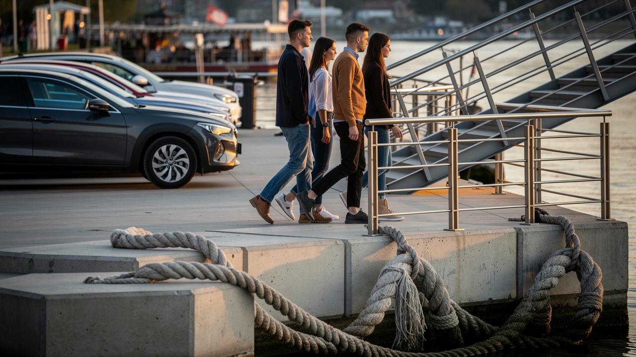 Četvoro mladih hoda molom pored debelih užadi